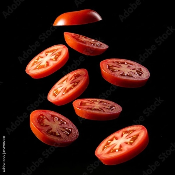 Fototapeta Falling juicy slices of red tomatoes