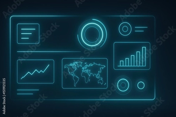 Obraz Futuristic Data Dashboard with Graphs and World Map in Neon Blue