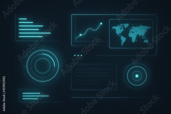 Fototapeta Futuristic Data Visualization Interface with Graphs and World Map