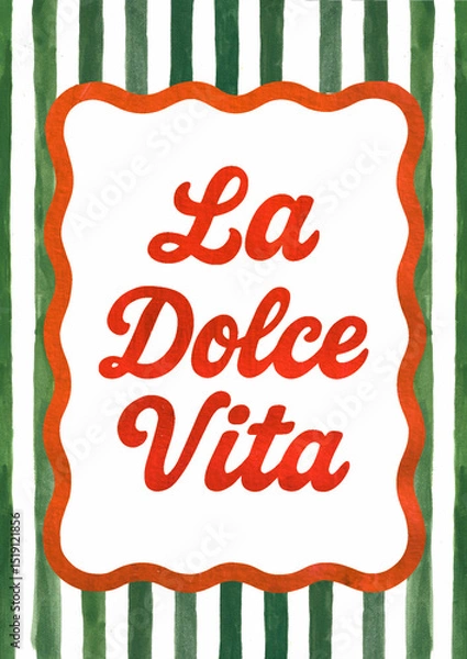 Fototapeta Hand-drawn minimalist poster with La Dolce Vita lettering in elegant line art style. Perfect for invitations, stationery, printables, and stylish social media visuals. Striped background, wavy frame