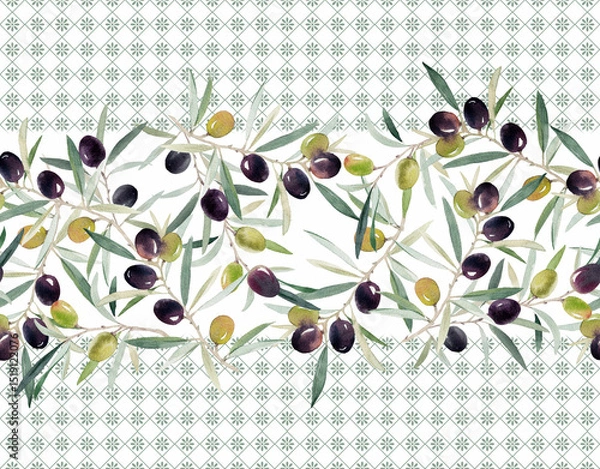 Fototapeta Horizontal seamless pattern with watercolor olive branches and green leaves, set over a subtle geometric tile background. Ideal for kitchen prints, fabric, table runners, packaging, or Mediterranean