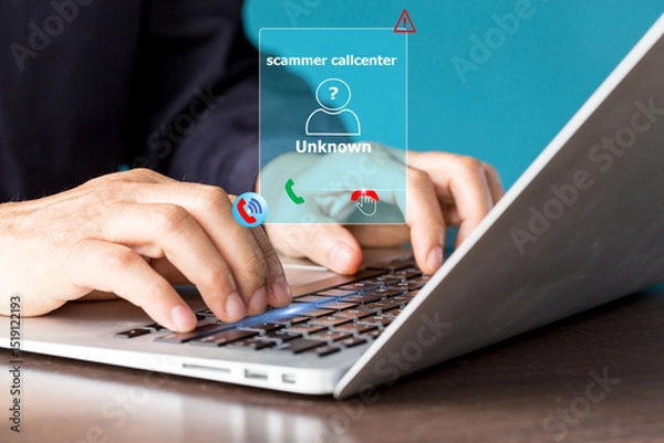 Fototapeta  Phishing with Unknown Caller Alert. A phone displaying an incoming call from an unknown number call centre scammer, symbolizing fraud,  and spam call warnings. scammer or stranger, Prank caller.