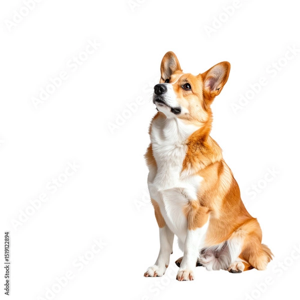 Obraz A sitting Pembroke Welsh Corgi with a tan and white coat, alert ears, and a focused gaze looking slightly upward