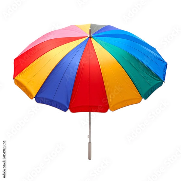 Fototapeta Large colorful beach umbrella featuring multiple bright, vibrant panels arranged in a circular pattern with a white central pole and handle