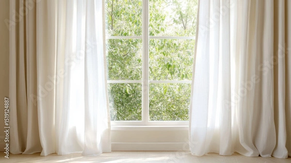 Fototapeta Bright window with sheer curtains natural light greenery outside peaceful atmosphere