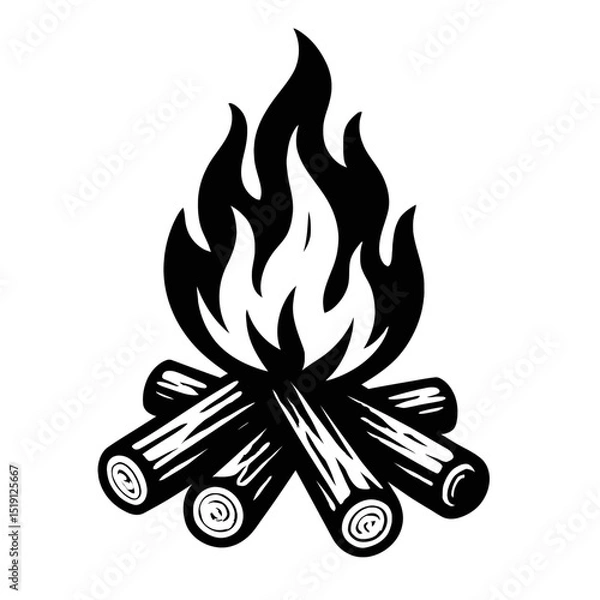 Fototapeta Black and White Vector Illustration of a Classic Campfire with Flames and Logs, Ideal for Outdoor, Camping, and Wilderness Designs.