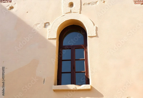 Fototapeta Narrow vertical arched window set into smooth light-colored wall