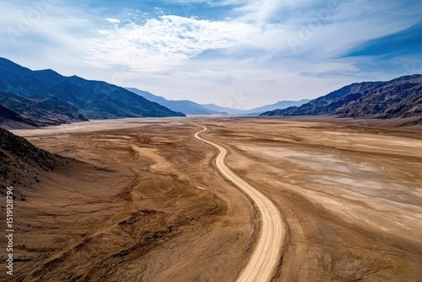 Fototapeta Aerial view of an expansive desert plain with a single dirt road cutting through the landscape