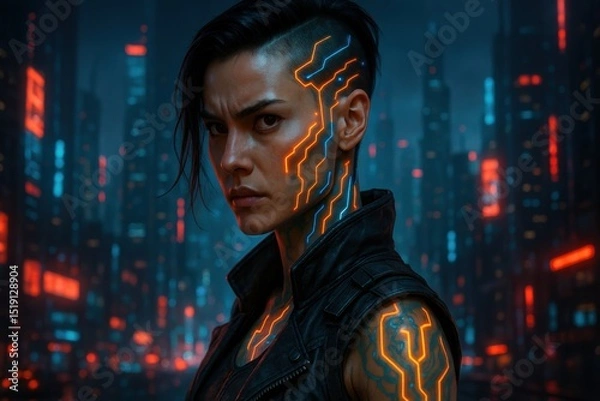 Fototapeta Futuristic Cyberpunk Portrait with Neon Circuitry and Urban Background