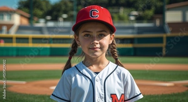 Obraz kid child Caucasian girl in baseball field background sports concept uniform portrait model photoshoot