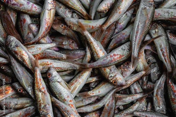 Fototapeta Fresh fish at the fish stall. Close-up of fresh red mullet (mullus barbatus) at the fish market. Fresh seafood at the fish market. Red mullets (Mullus barbatus) fresh fishes