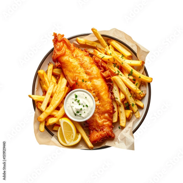 Fototapeta Delicious crispy fried fish and chips meal with tartar on transparent background