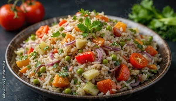 Fototapeta Fresh salad with rice and vegetable on a dark background.