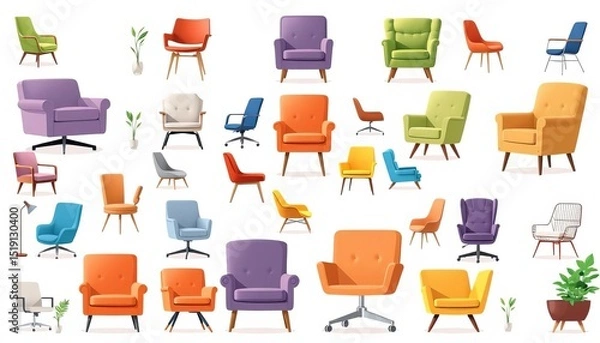 Fototapeta Flat vector illustrations of diverse chairs and armchairs for home and office use, isolated on white,  design element,  shapes
