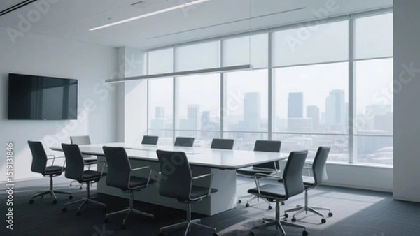 Fototapeta Empty chairs around a sleek table in a modern conference room, symbolizing collaboration and professionalism in a corporate setting.