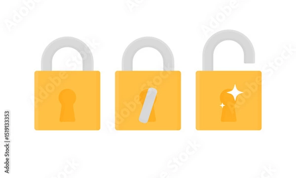 Obraz Closed lock, lock opened by key and open lock. Concept of information security etc.