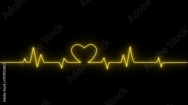 Obraz Neon digital heartbeat plus icon image. Heartbeat pulse electrocardiogram rhythm on black background.