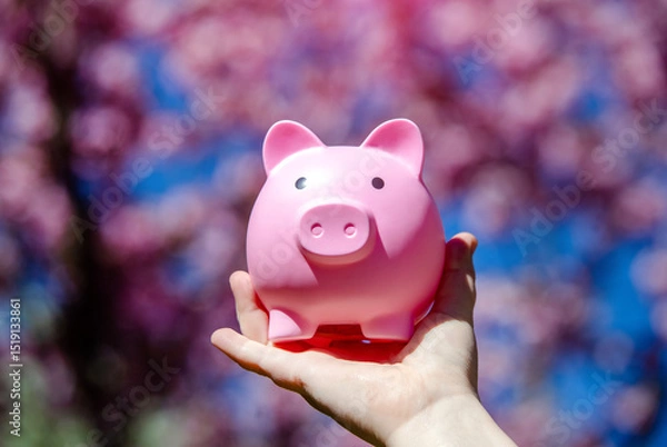 Fototapeta Girl holding piggy Bank against the background of blossoming Sakura
