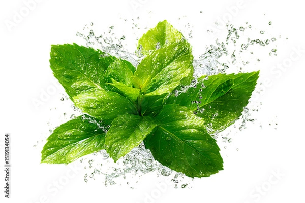 Obraz Fresh green mint leaves with water splashes isolated on white or transparent png