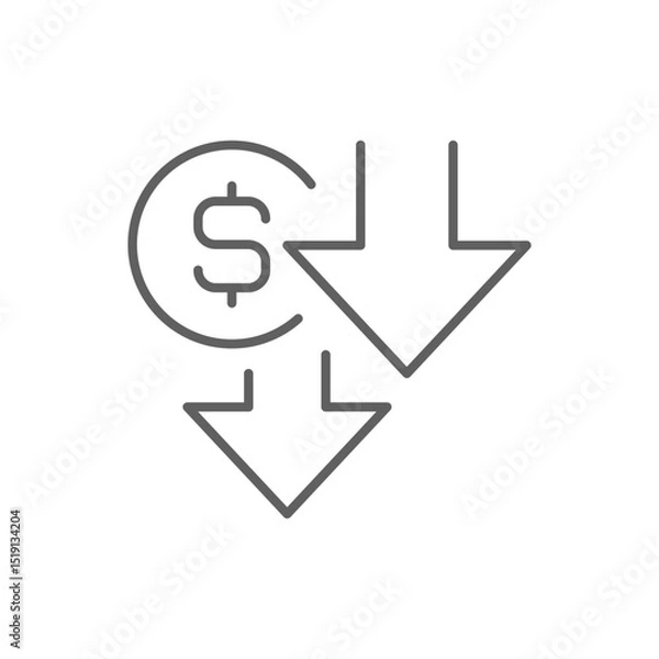 Fototapeta Outline Cost Reduction Icon with Downward Arrows and Dollar Symbol Financial Decrease Line Art Editable Stroke Expense Lowering