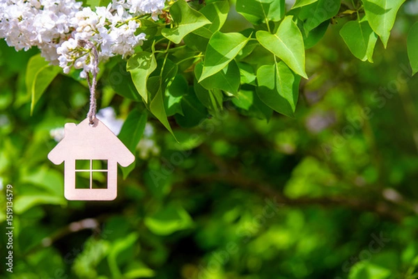 Fototapeta The symbol of the house among the branches of the white lilac
