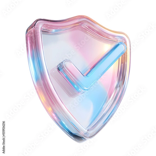 Fototapeta Striking 3D render of a transparent pastel colored shield shape with a bold checkmark icon symbolizing security approval and validation