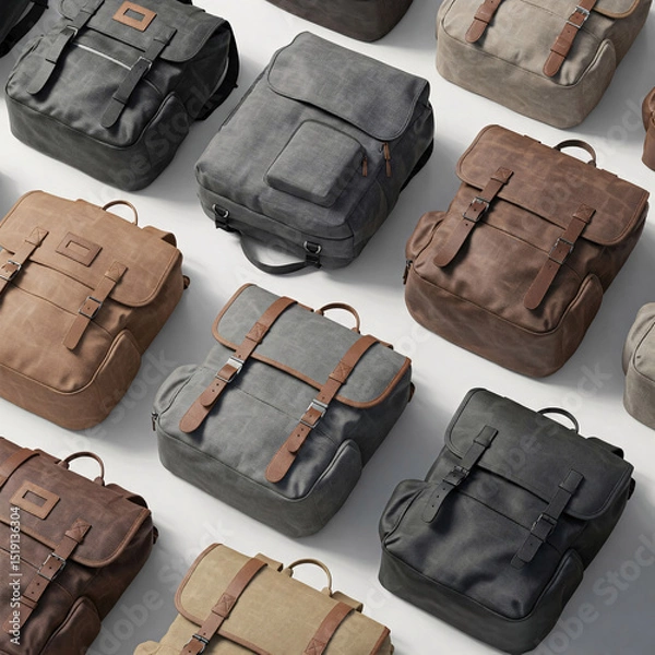 Fototapeta A collage showcasing various backpack models in black and brown colors from different angles