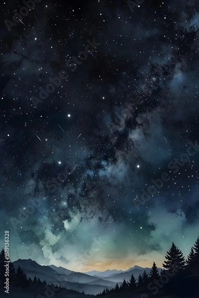 Fototapeta Dreamy landscapes with visible milky way and constellations in watercolor style