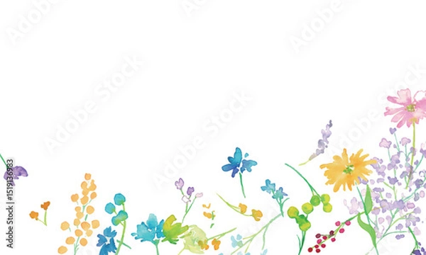 Obraz 水彩画。水彩タッチのカラフルな花花束イラスト。色とりどりの花のベクターフレーム背景。Watercolor painting. Colorful flower bouquet illustration with watercolor touch. Colorful flowers vector frame background.