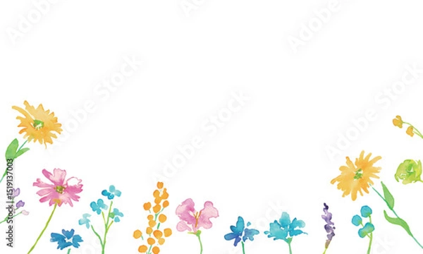 Obraz 水彩画。水彩タッチのカラフルな花花束イラスト。色とりどりの花のベクターフレーム背景。Watercolor painting. Colorful flower bouquet illustration with watercolor touch. Colorful flowers vector frame background.