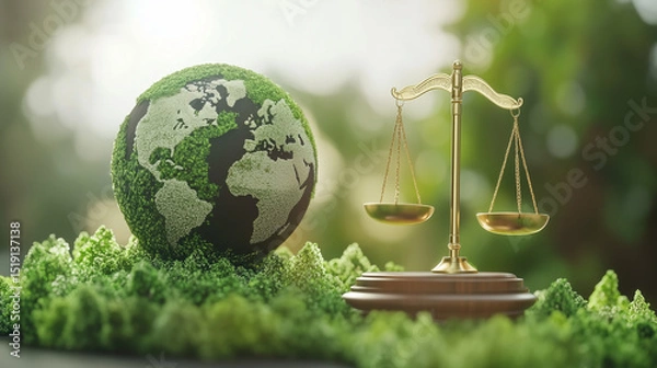 Obraz Globe on green grass with balance scales symbolizing justice and finance