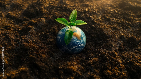 Obraz Green Earth Globe Covered with Grass and Leaves Representing Nature and Environment