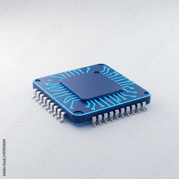 Fototapeta A blue microchip with bright blue traces and pins,