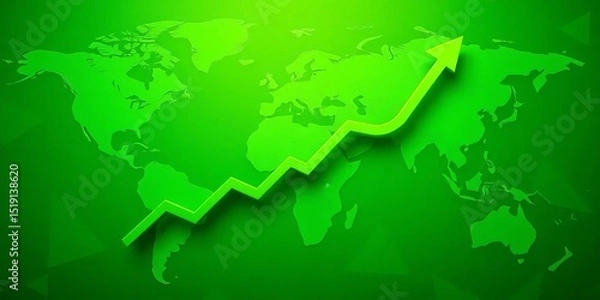 Fototapeta Global marketing investment growth visualized by upward-trending arrow and stick graph on world map background, green theme,  analytics,  economy
