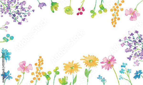 Obraz 水彩画。水彩タッチのカラフルな花花束イラスト。色とりどりの花のベクターフレーム背景。Watercolor painting. Colorful flower bouquet illustration with watercolor touch. Colorful flowers vector frame background.