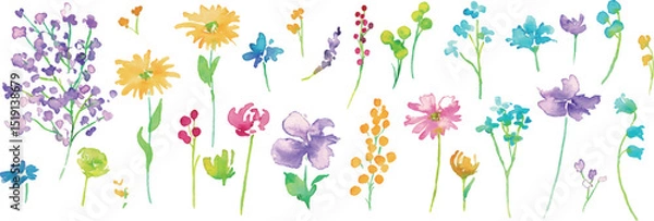 Obraz 水彩画。水彩タッチのカラフルな花花束イラスト。色とりどりの花のベクターフレーム背景。Watercolor painting. Colorful flower bouquet illustration with watercolor touch. Colorful flowers vector frame background.