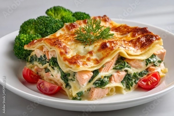 Fototapeta Delicious salmon and spinach lasagna garnished with dill and served with broccoli and tomatoes