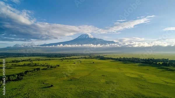 Fototapeta Aerial view of Kilimanjaro, with its snow-capped peak rising above the African savanna