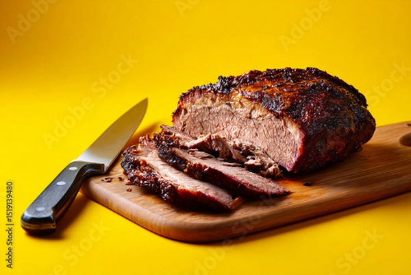 Fototapeta Texas smoked brisket glows in studio light, sunny corner, pastel yellow backdrop, clean style