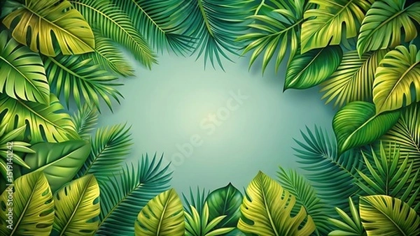 Obraz Lush green tropical leaves create a vibrant frame around a soft light green background