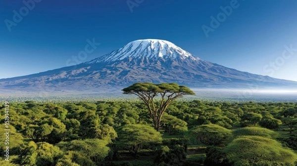 Fototapeta Aerial view of Mount Kilimanjaro's snow-capped peak, towering above the African plains