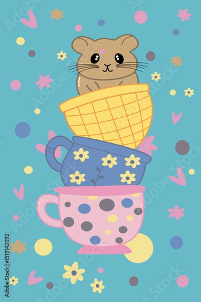 Obraz A mouse in cups vector illustration. Cute colorless for coloring page, card, poster and design work.