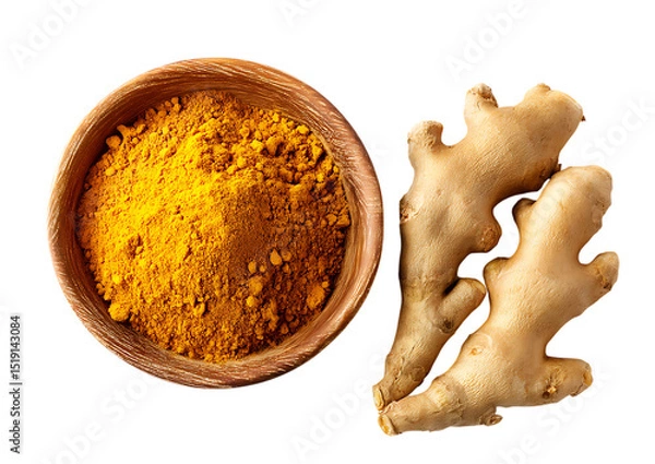 Obraz Turmeric powder in wooden bowl with ginger root isolated on white or transparent png