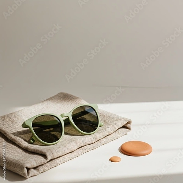 Obraz Stylish green sunglasses resting on folded fabric with decorative stones  