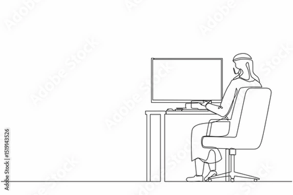 Fototapeta Single continuous line drawing back view Arabian businessman works on computer. Man sitting on chair behind office desk. Business person working on monitor screen. One line design vector illustration