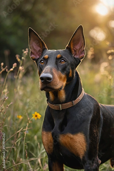 Fototapeta Alert Doberman Pinscher dog sitting in a grassy field during golden hour – focused expression, natural forest background, pet portrait in outdoor light