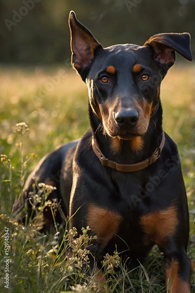 Fototapeta Alert Doberman Pinscher dog sitting in a grassy field during golden hour – focused expression, natural forest background, pet portrait in outdoor light