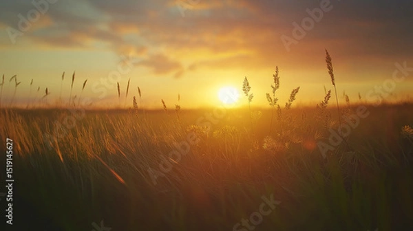 Fototapeta At sunset, golden meadow bathed in afterglow, sunlight through clouds, creating a tranquil and healing pastoral atmosphere