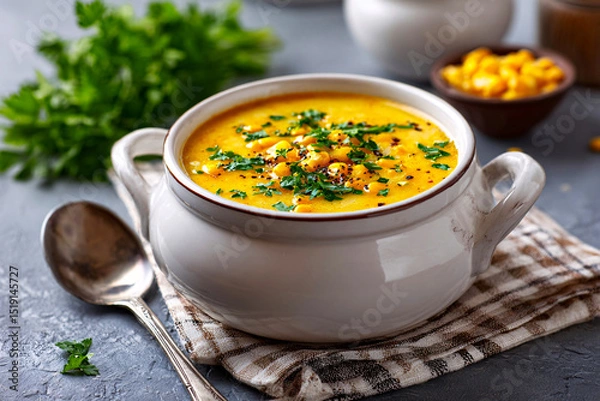 Fototapeta Tempting corn chowder glows softly in daylight, set in rustic corner on clean white background