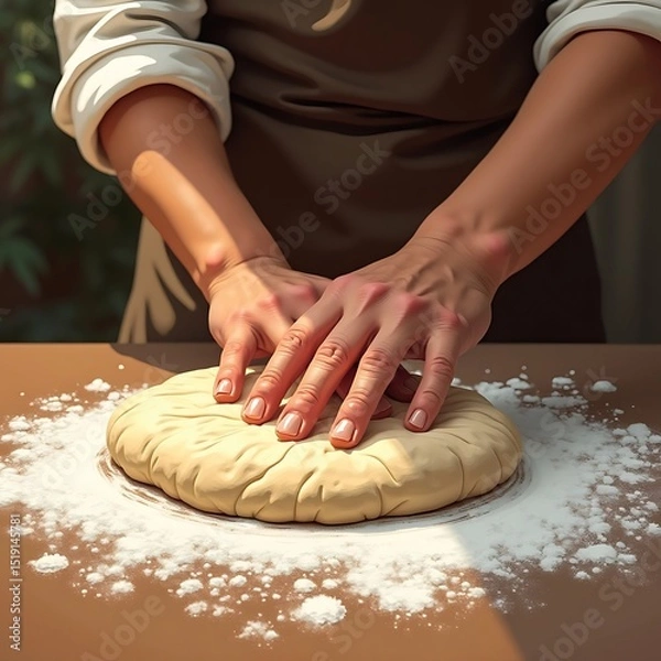 Obraz Hands Kneading Dough on Table with Flour for Baking Preparation